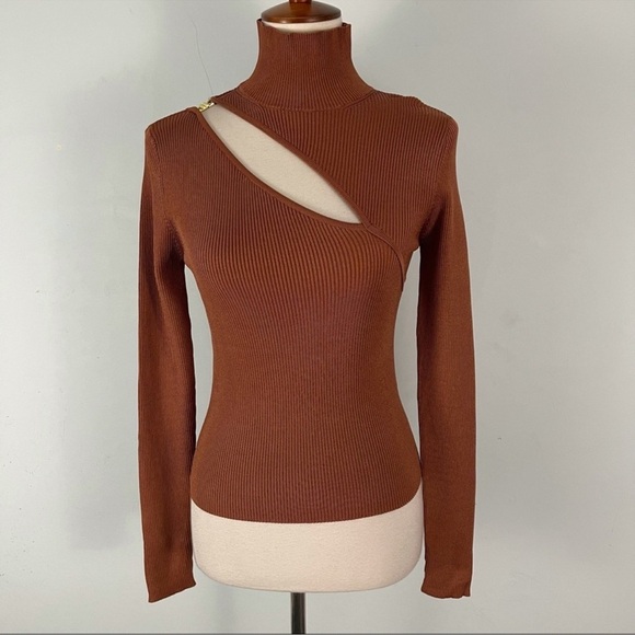 Zara Women’s Ribbed Cut-Out Long Sleeve Knit Top Brown Size Small NWT - Picture 14 of 14